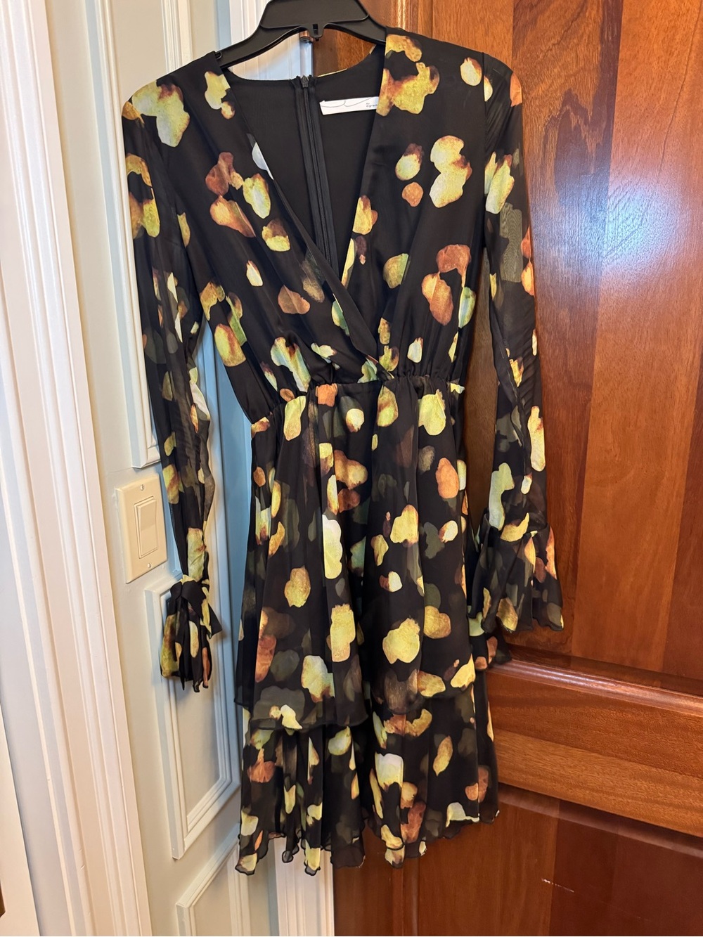 Black Long-Sleeve Floral-Print Dress in Yellow Accent